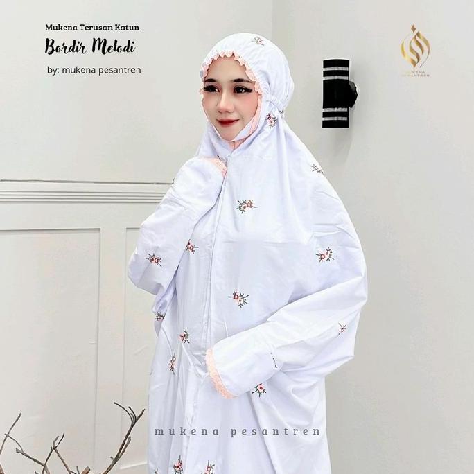Disiniaja- Mukena Terusan Melodi Bordir Katun Mikro Cantik Dewasa Kain Nyaman Mukena  Putih Santri M