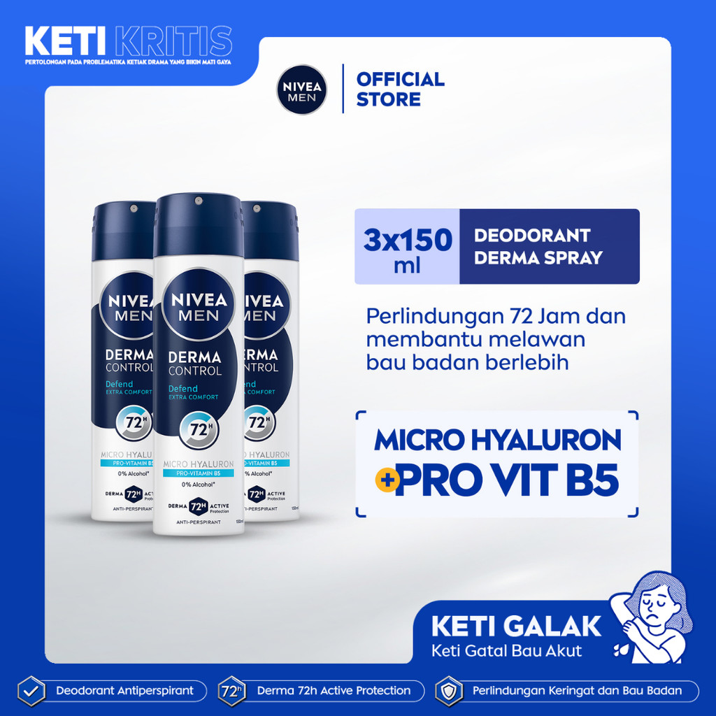 (PAKET HEMAT ISI 3) NIVEA MEN Deodorant Spray Derma Control Defend 150ml - Deodoran semprot pria ski