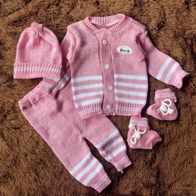 Termurah / Hot Sale Set 4 In 1 Stelan Sweater Rajut Topi Dan Kaos Kaki Bayi Murah Bayi Baru Lahir Sa