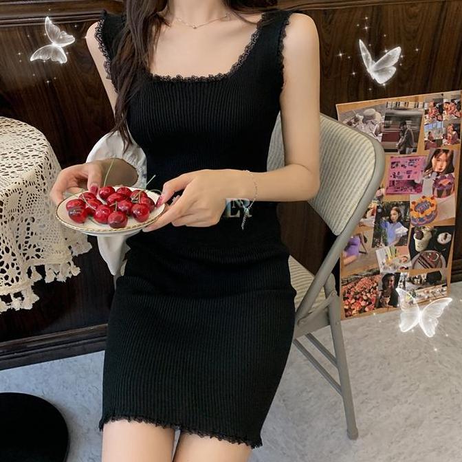 LNR Shop Setelan Basic Tanktop + Rok Pendek Rajut Atasan Lengan Tali Crop Top Mini Skirt Dress Ketat