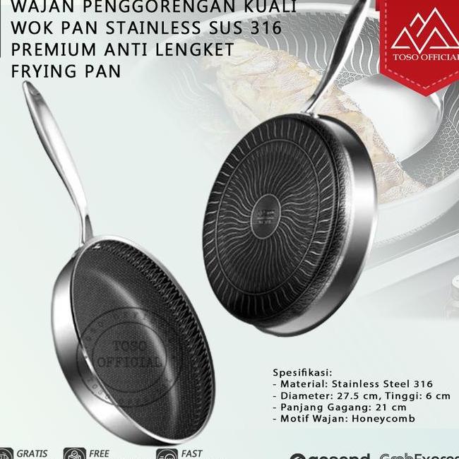 Wajan Penggorengan Kuali Wok Pan Stainless Sus 316 Anti Lengket Frying Pan