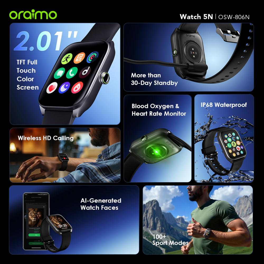 NEW PROMO (NEW LAUNCH) oraimo Watch 5N Smartwatch OSW-806N Jam Tangan Pintar Layar TFT 2.01" Bluetoo