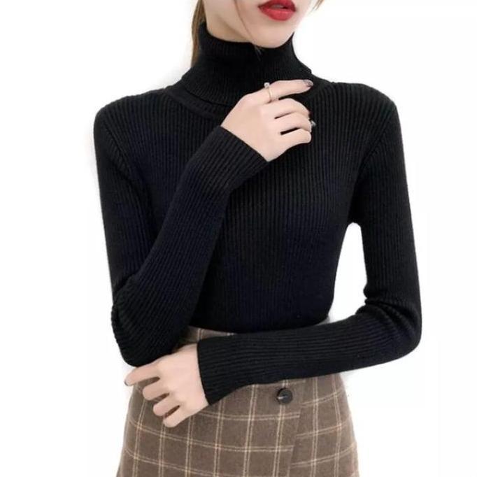 Promo Inner Rajut Turtleneck Atasan Wanita Manset Rajut Knitwear Outer Dalaman Baju Hitam Top Panjan