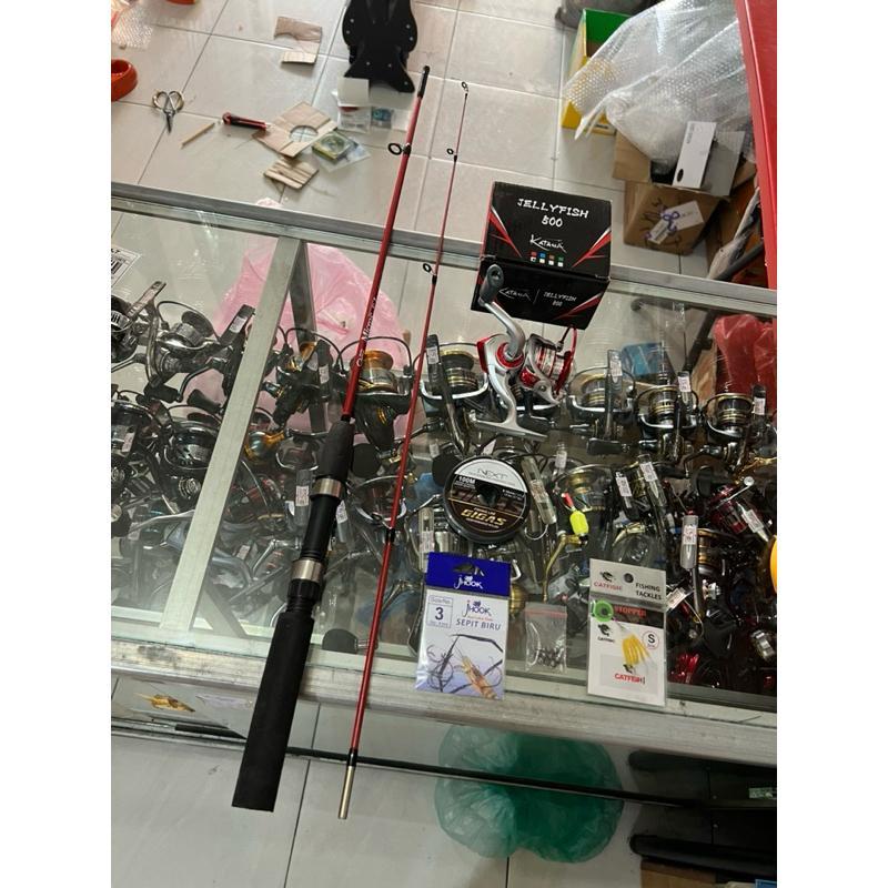 Joran Set Udang Fiber Solid Lentur + Reel Mini 500, 8 Ball Bearing