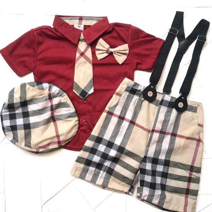 Baju Bayi Laki Laki 1-2 Tahun Set Suspender Anak Cowok Kotak kondangan pesta murah