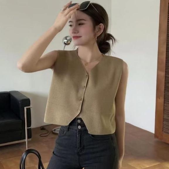 PEACHIE | BJ1579 Baju Wanita Rajut Sleeveless Knit Atasan Rompi Kerah V Pakaian Korean Style  Crop T