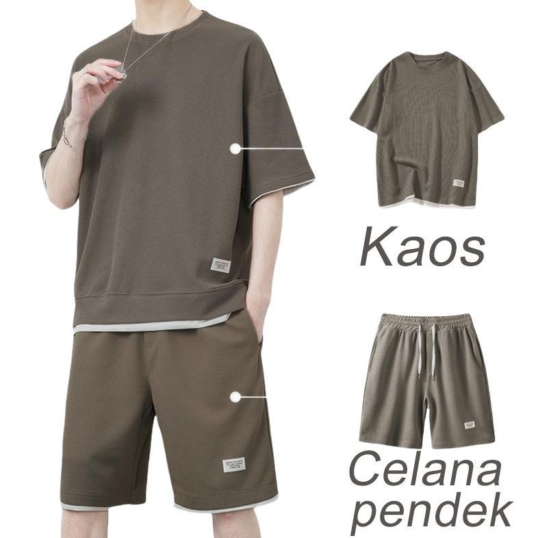 sale (Waffle)Baju Setelan Pria/Baju Oversize Pria/Korea Style Pria - Kaos dan Celana Pendek|4 Warna