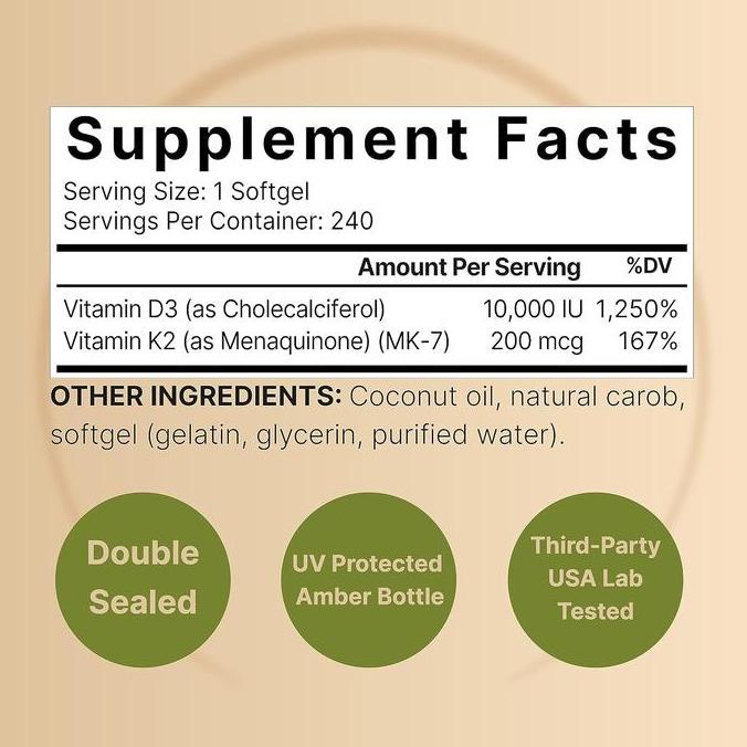 Naturebell D3K2 Vitamin D3 K2 with Coconut Oil 5000IU & 10000IU