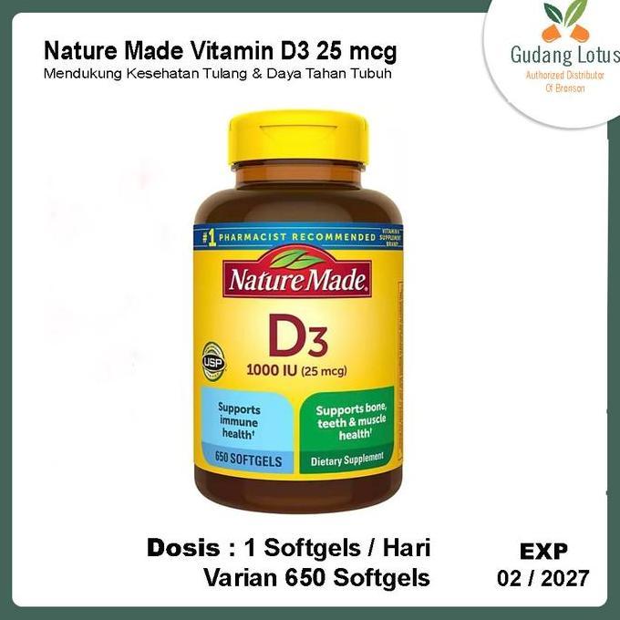 (DIJAMIN ) Nature Made Vitamin D3 1000IU 25 mcg 650 Softgels - Mendukung Kesehatan Tulang, Gigi dan 