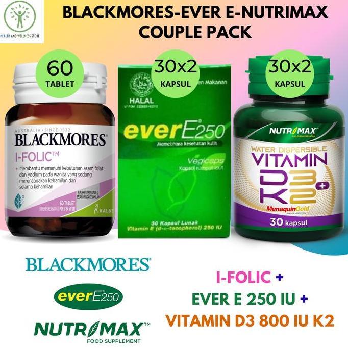 BLACKMORES I FOLIC 60 NUTRIMAX D3 K2 D3 800 IU K2 40 MCG EVER E 250 IU 60 KAPSUL LUNAK