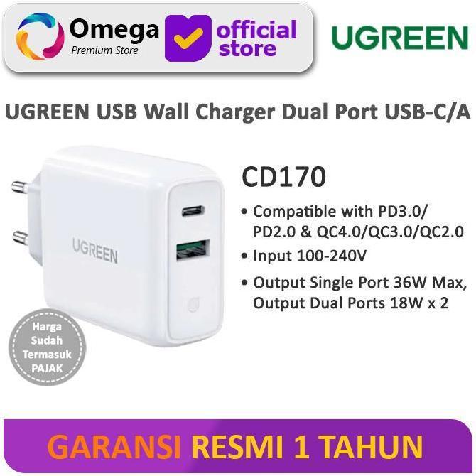 UGREEN Fast Charger 36W Dual Port USB-C/USB-A