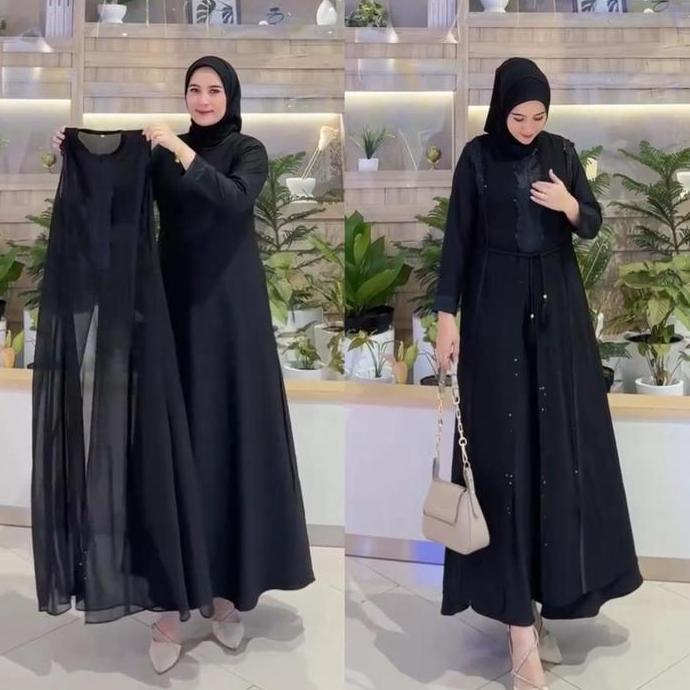 Gamis Abaya Turkey 2 In 1 Hitam Rompi Lepas Pasang