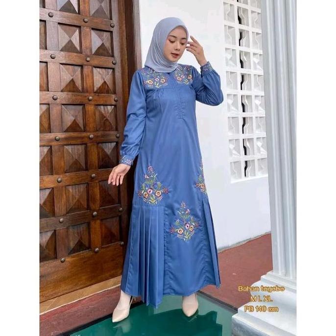 Gamis Bordir Bunga Toyobo Premium Busui Friendly Wudhu Friendly - Radiafashion - Pesta, Katun, Maxi,
