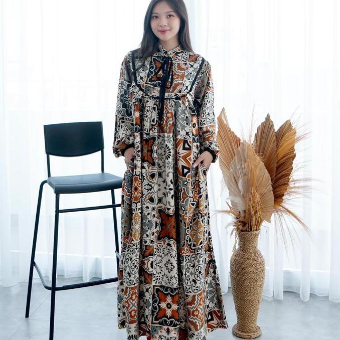 Nuboutique Paula Long Dress Rayon Panjang Lebaran Etnik Bohemian Tunic Gamis Wanita Bordir Bunga Bus