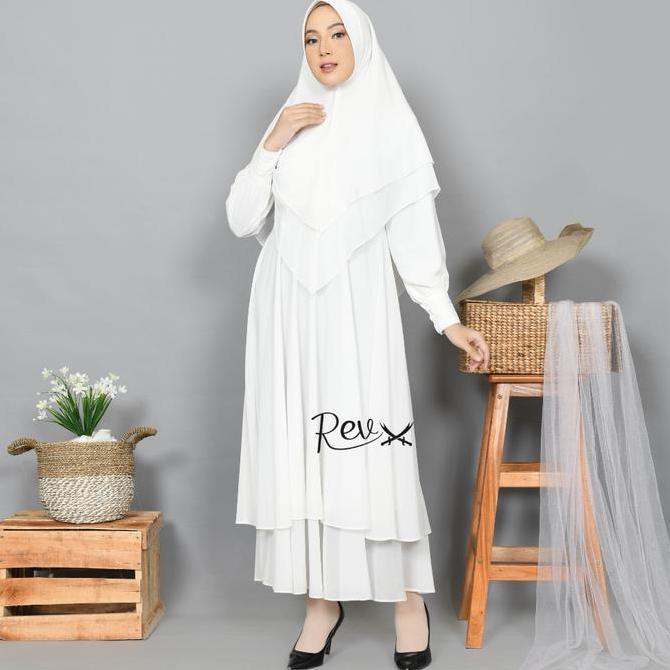 Gamis Haji Umroh Wanita Set Khimar Ceruty 2 Lapis Putih Ceruty Babydoll Premium Elegan