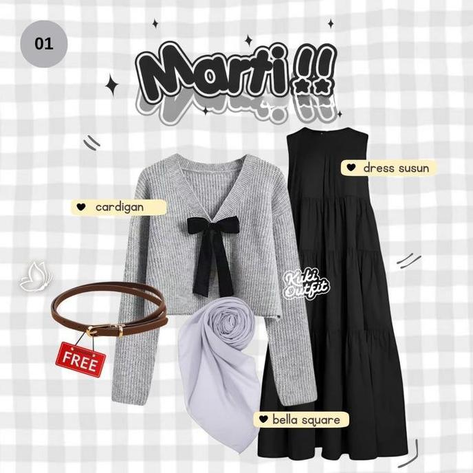 KUKI OUTFIT - Marfie OOTD 1 Set Pakaian Wanita (Cardigan, Rok Susun, Bella Square) Setelan Rok Kekin