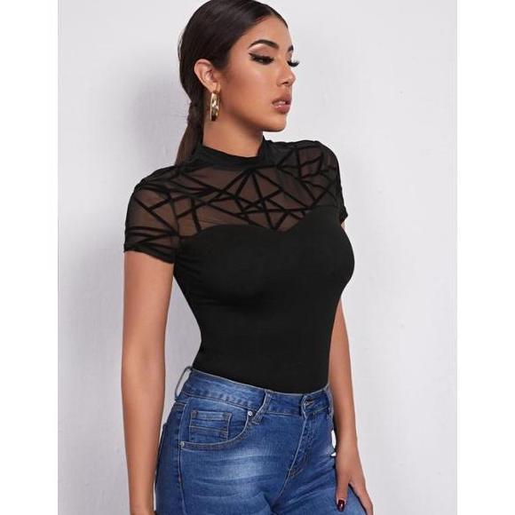 Shein Mock-neck Geo Mesh Yoke Tee