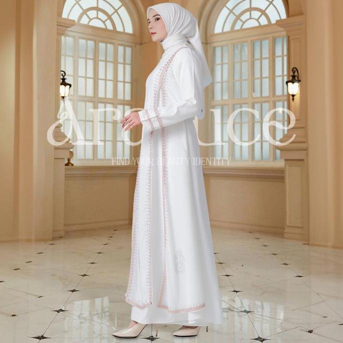 KEKINIAN ARALLUCE 044 Gamis Abaya Putih Wanita Simple dan Elegan dengan Desain Minimalis dan Renda B