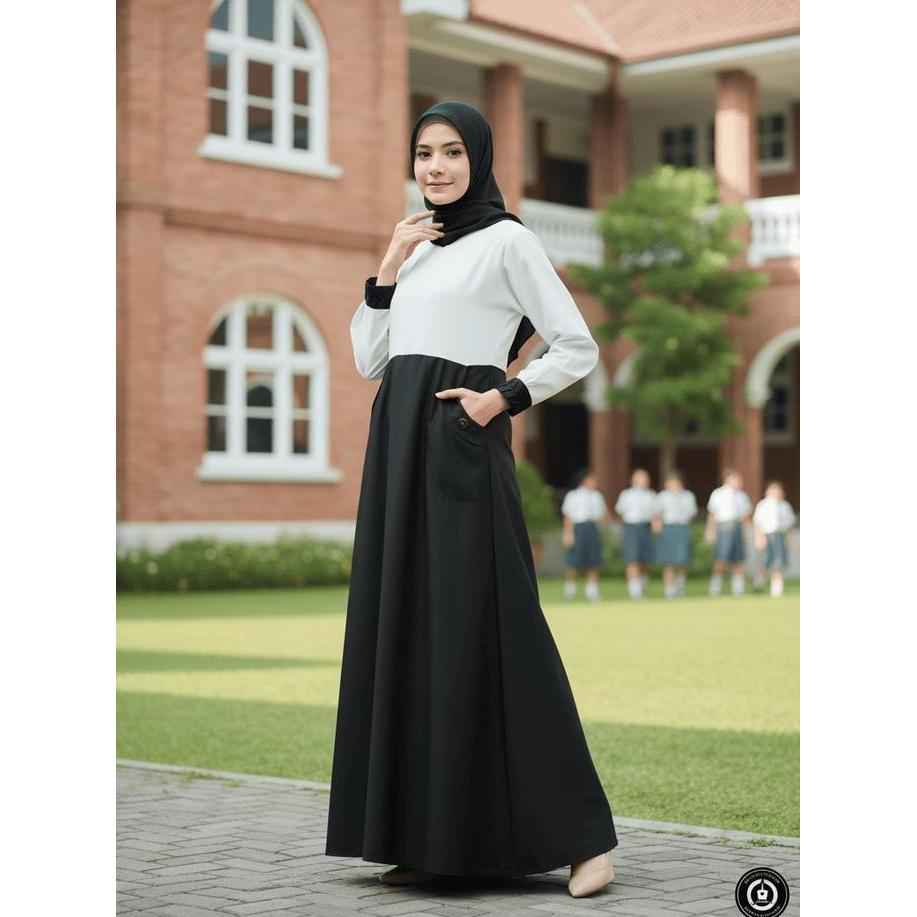 Murah Gamis Seragam Kerja PNS PDH Kombinasi Hitam Putih Dress Wanita Toyobo Tebal Non COD