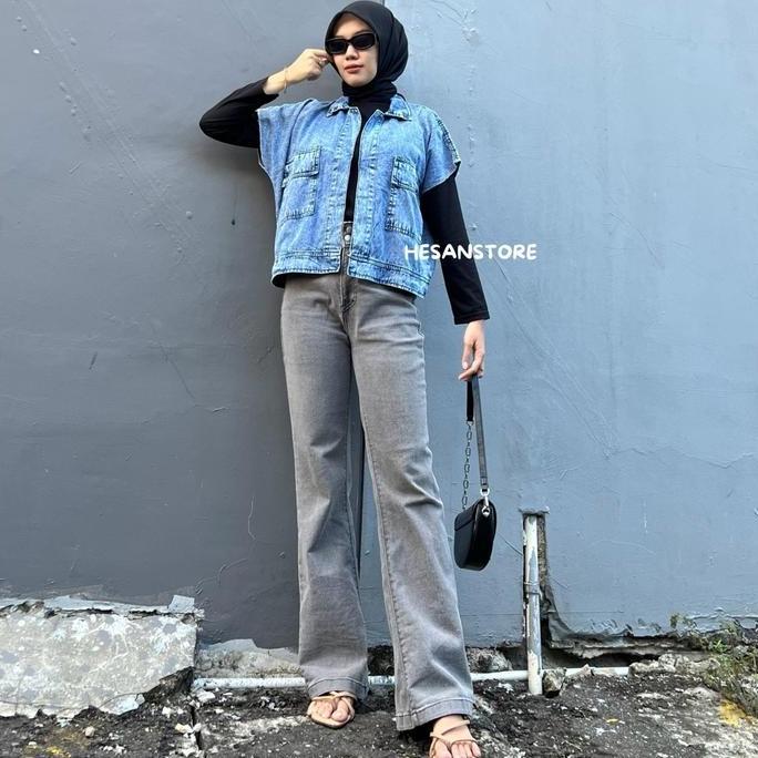 Willply Jaket Rompi Jeans Cassandra Oversize Vest Outer Jaket Denim Wanita Panjang Tanpa Lengan Kain