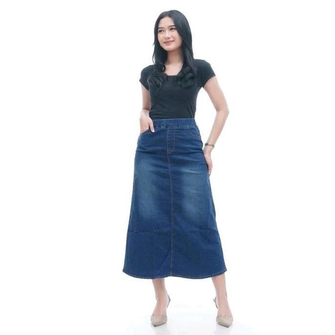 Willply Rok Jeans Panjang Wanita A-Line Pinggang Karet Jumbo / Rok Jeans Panjang Wanita Jumbo Ukuran