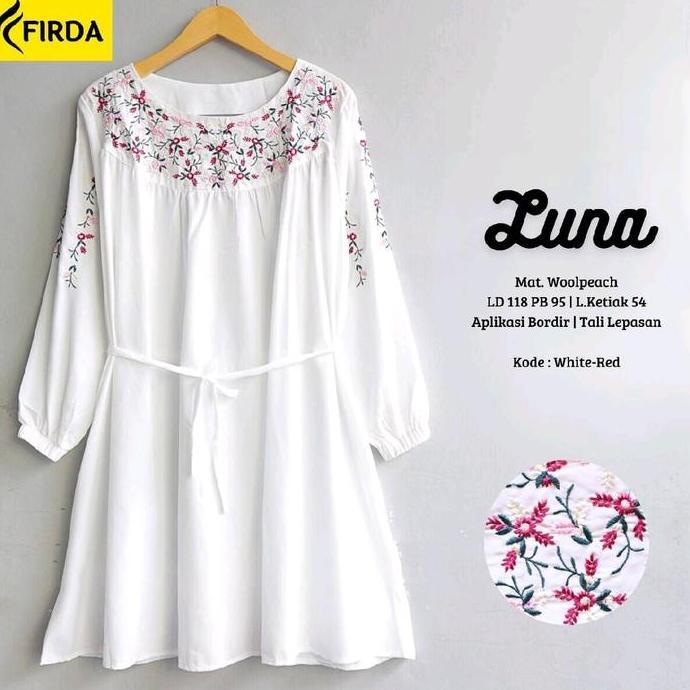 MURAH LEBAY Tunik jumbo motif bunga bordir Long tunic kasual premium putih Adisty Atasan Wanita Musl