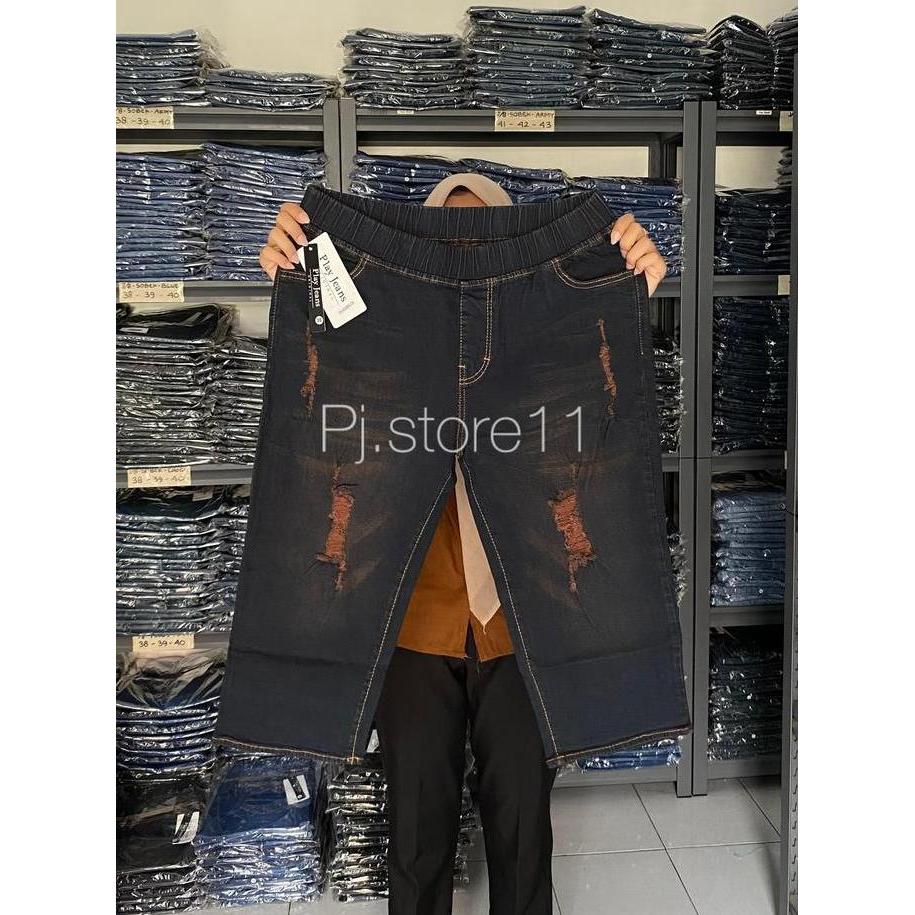 Willply Celana Wanita 7/8 Jeans Sobek Jumbo Celana Wanita 7/8 Whisker Ripped Jumbo Karet Melar