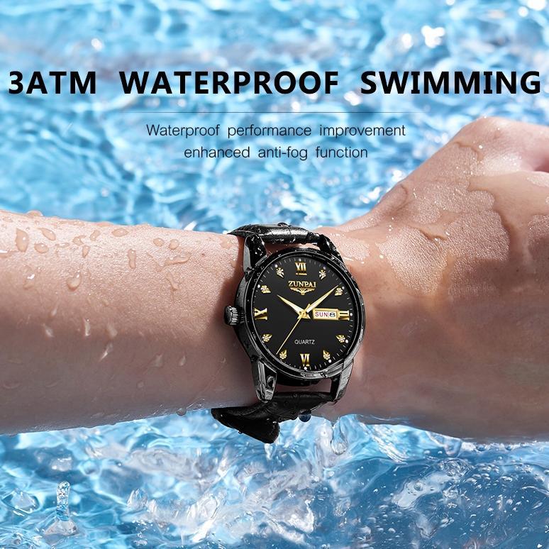 ZUNPAI Jam Tangan Pria Asli Anti Air Kalender Bercahaya Bisnis Baja Tahan Karat Emas Jam Tangan Pria
