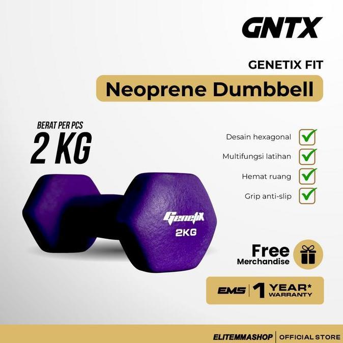 Dumbbell Neoprene GENETIX FIT 2 KG dengan Desain Hexagon, Dumbbell, Barbell, Dumbbell 2KG