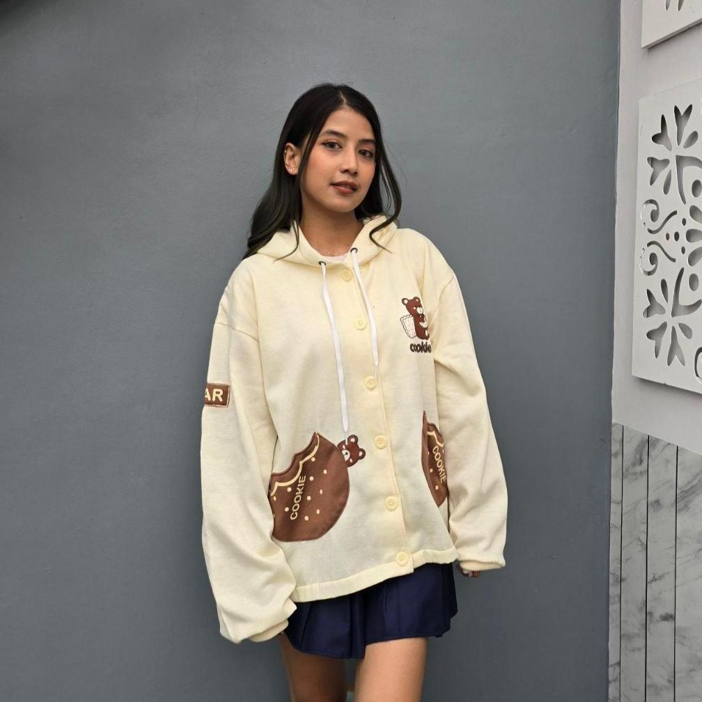PENAWARAN SPESIAL JAKET LUCU WANITA KOREA - COOKIE BEAR BUTTON - JACKET HOODIE TEBAL