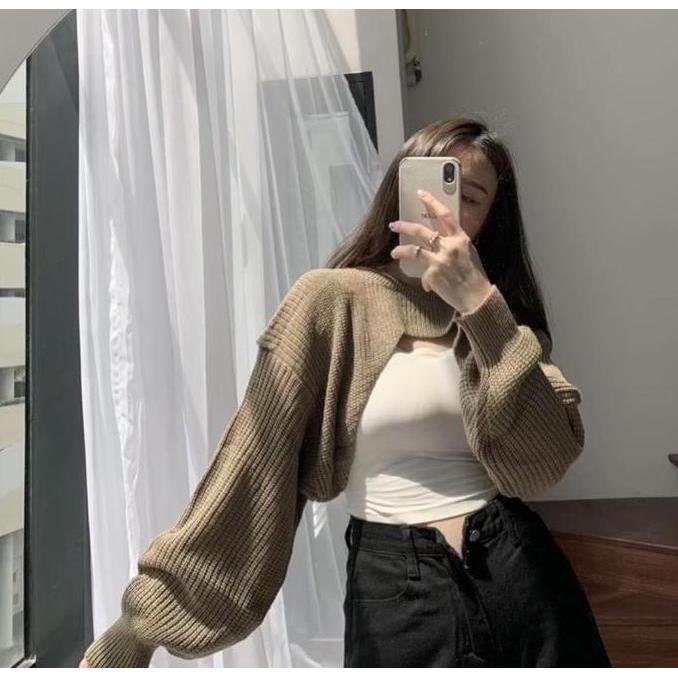 Murah Toply shop Cardigan crop lengan balon rajut tebal  / outer wanita rajut kekinian Non COD