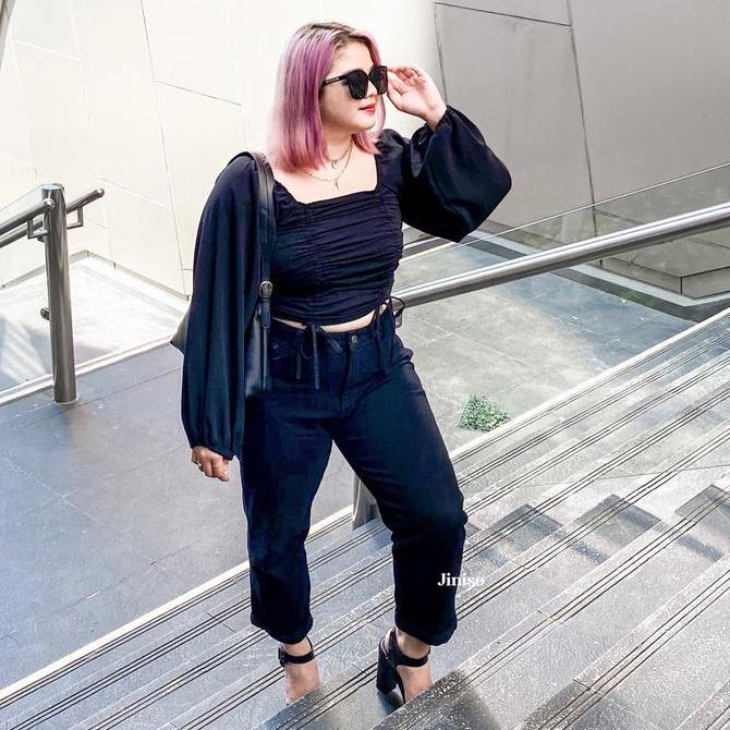 JINISO REAL CURVY - 1303 Jumbo Boyfriend Highwaist Celana Jeans Wanita Warna Black (TERBAIK) (TERBAR
