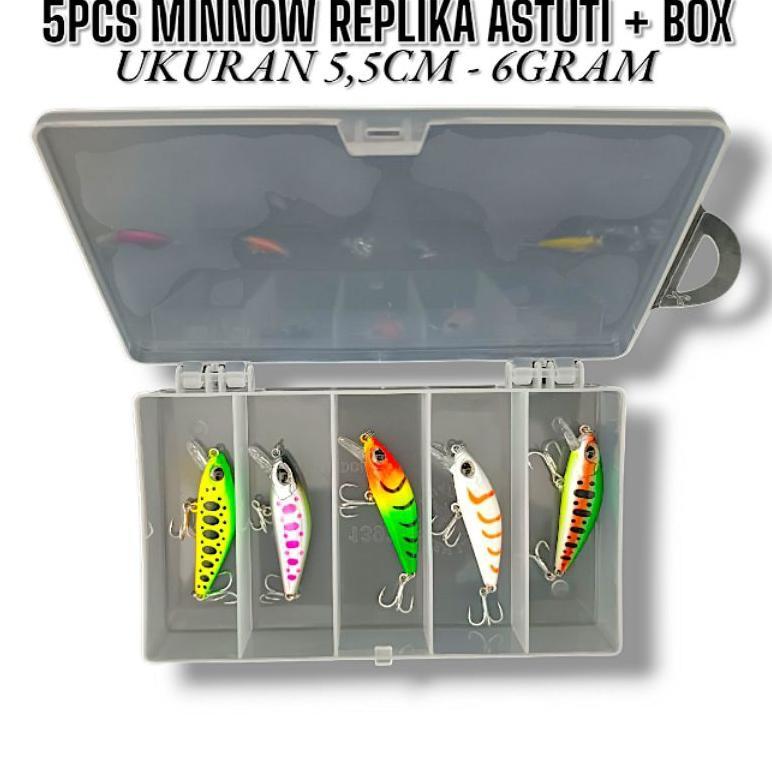 TERBARU 2026 5PCS Minnow Replika Astuti + Box. Umpan Casting