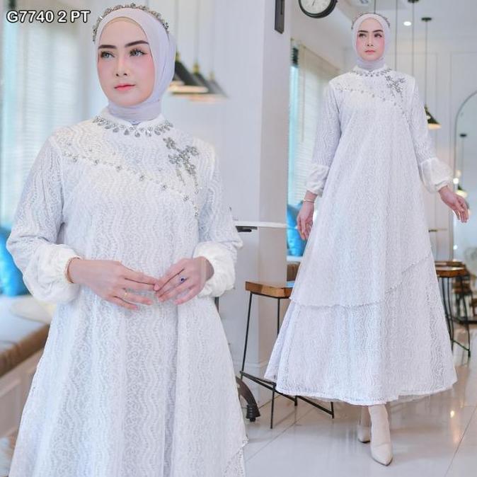 Gamis Brukat Permata Putih 7740 Baju Muslim Vima Mewah