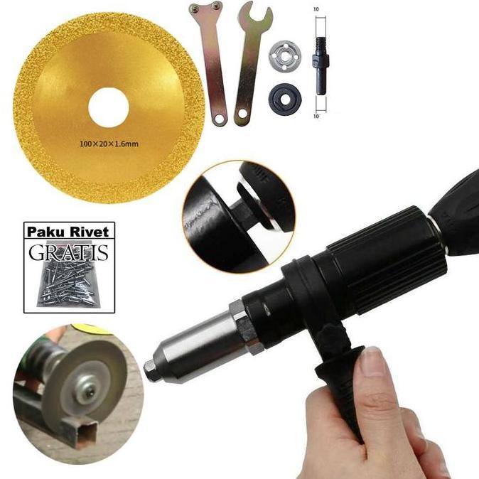 Paket Adaptor Bor Jadi Gerinda + Konektor Bor Tang Rivet Elektrik Otomatis Bahan Besi + Mata Bor 6Mm