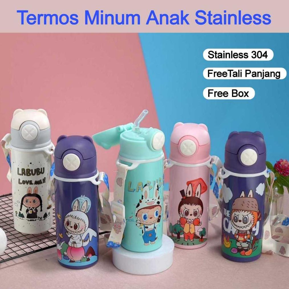TERMOS ANAK STAINLESS DENGAN SEDOTAN + TALI PANJANG/ TERMOS VACUUM ANAK SEKOLAH MOTIF KARTUN LUCU