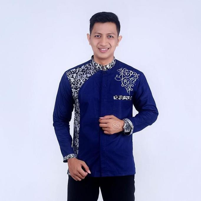 MURAH LEBAY Baju Koko Pria Dewasa Terbaru Lengan Panjang Kombinasi Batik Muslim Bordir Formal Katun 