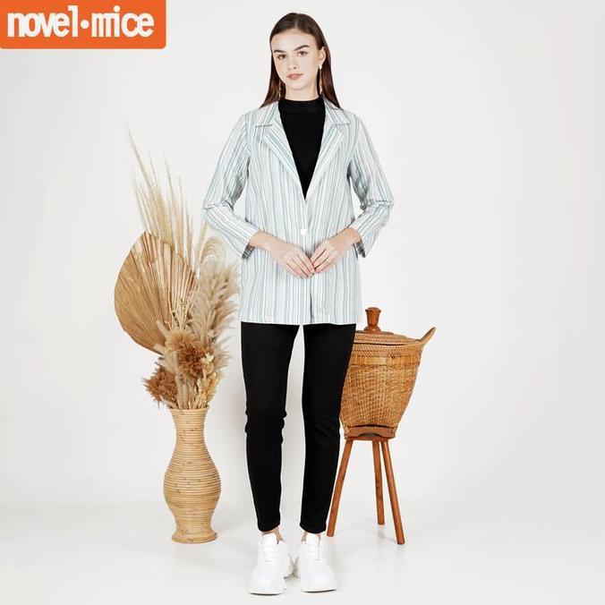 Murah Blazer Wanita Katun Salur | Outer Wanita Blue Stripe Lengan Panjang Motif Salur | Novel Mice O