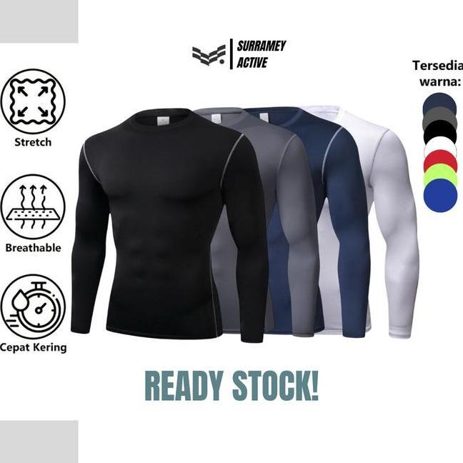 Surramey Kaos Gym Lengan Panjang Sport Pria Manset Baselayer Compression Shirt Baju Olahraga Hitam P
