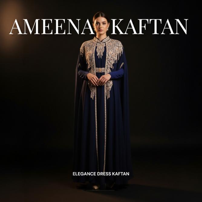 Ayjona Kaftan Ameena Bordir 2 Layer Set Inner Gamis Turban Dan Belt Bordir Dress Kaftan Mewah