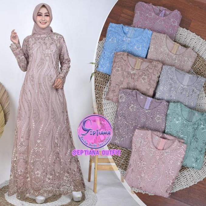 Septiana- Gamis Brukat Tile Mutiara Motif Akar Dress Burkat Tile Kondangan Elegan Simple Maxi Mewah 
