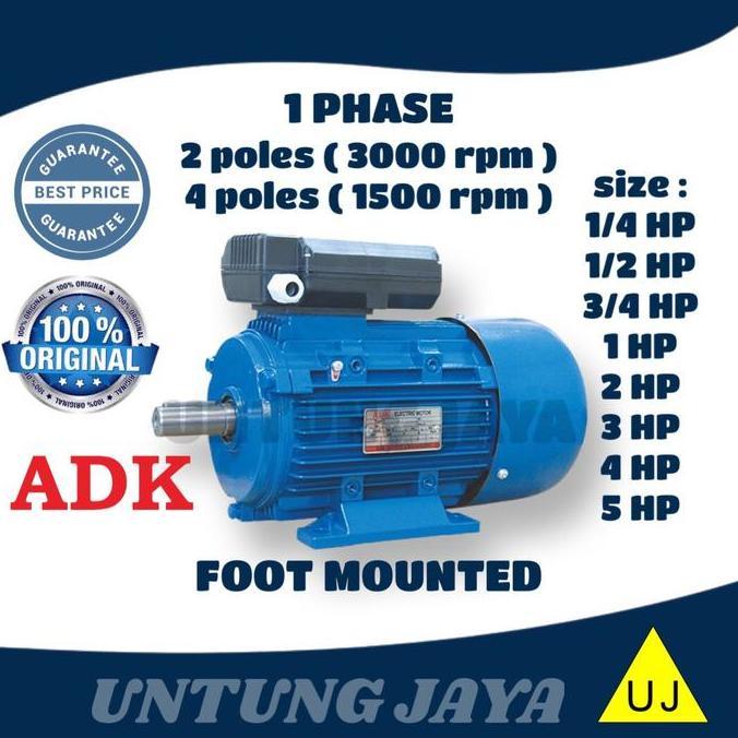 TERBARU - ADK DINAMO ELEKTRO MOTOR 1 PHASE B3 1 HP 0,75 KW 2 POLE 3000 RPM // ELECTRO MOTOR ADK 1PHA