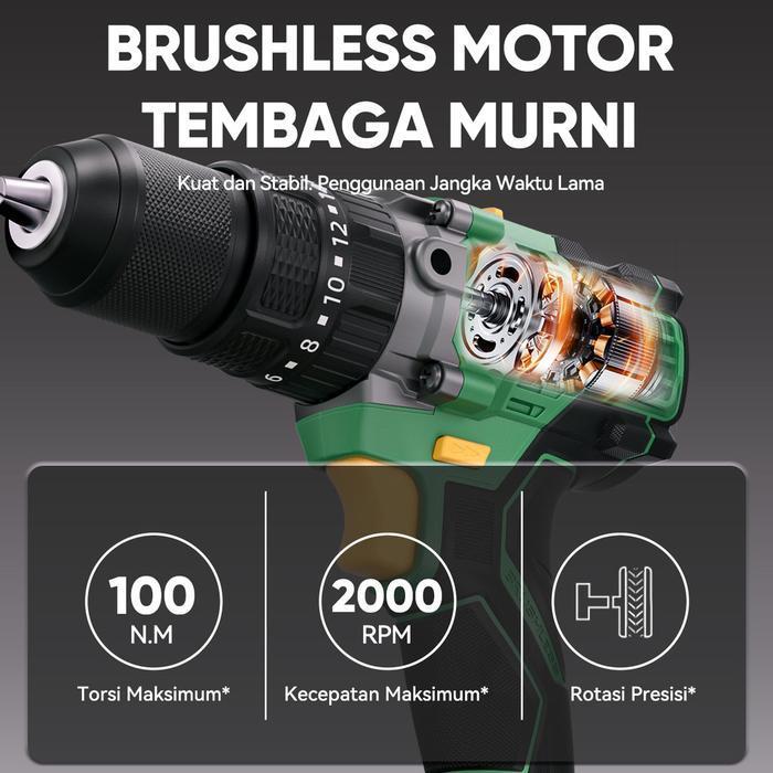 Isku 3 In 1 Brushless Impact Cordless Drill Lithium 21v 100N.M Torsi Besar Untuk Bor Beton & Sekrup