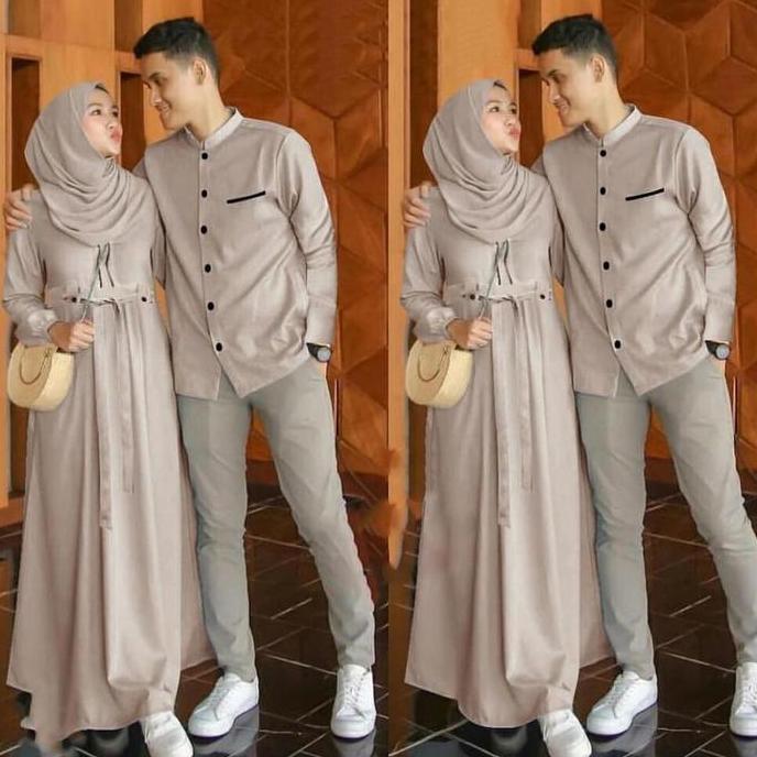 Couple Baju Pasangan Gamis Set Kemeja Muslim Sarimbit Polos Terbaru PM