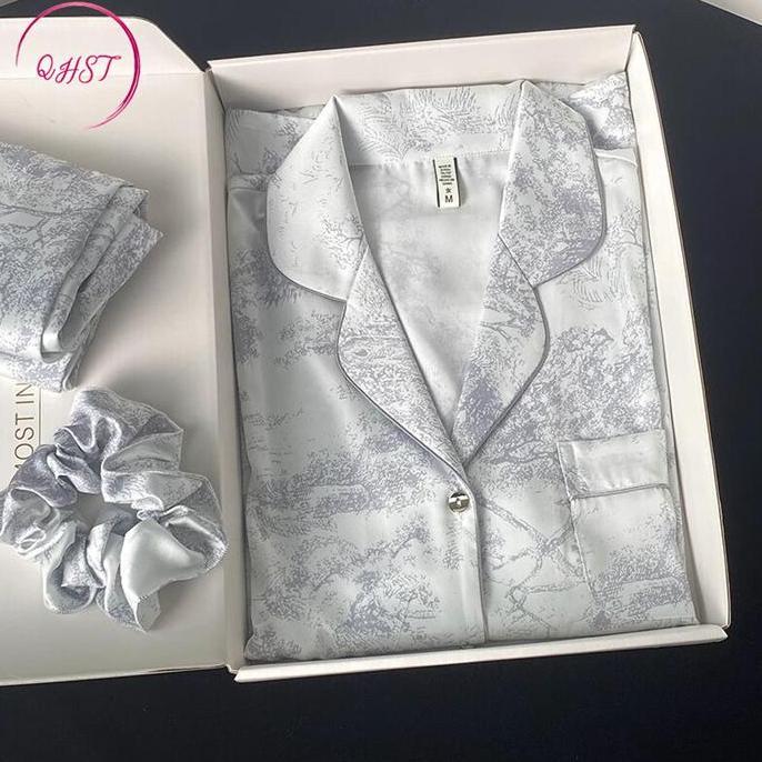 QHST Piyama Set Wanita Gaya Cina Lukisan Tinta Abu |  Lengan Panjang Celana Panjang | Baju Tidur Wan