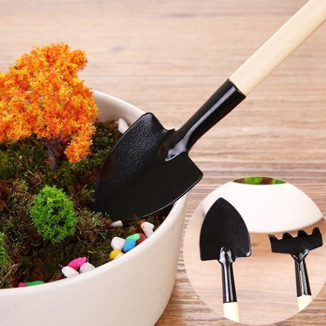 Bisa Cod Set 3In1 Sekop Garpu Cangkul Mini Alat Berkebun Kecil Gagang Kayu Tanaman Pot Kaktus Taman 