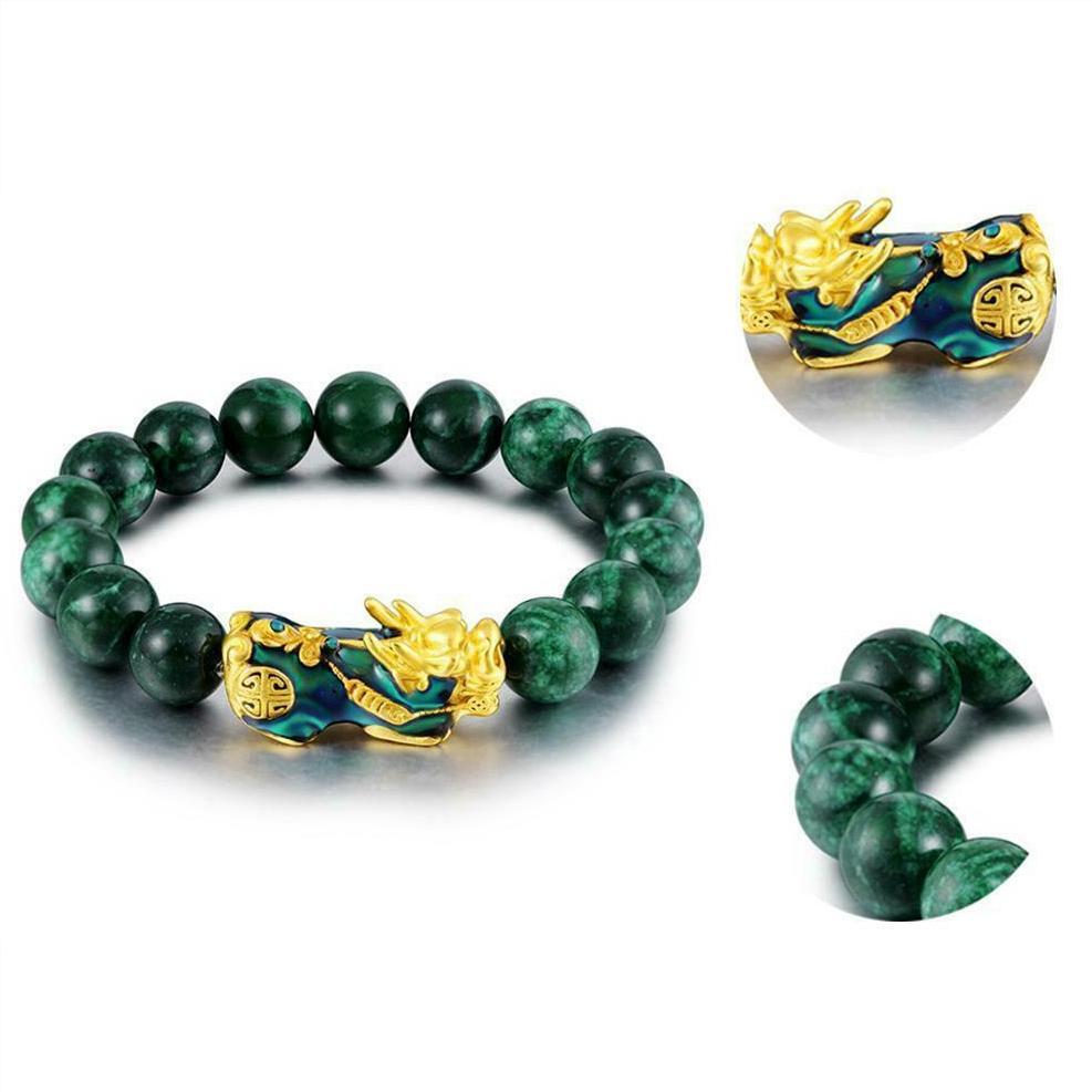 Lucky Feng Shui Mantra Amuleet Obsidian Carved Pixiu Green Bracelet Jewelry