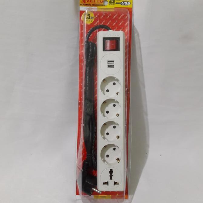 HARGA DISC - Stop Kontak 4 Lubang+2 Colokan USB+1 Colokan Kaki 3+ Kabel 1,5m VETTO