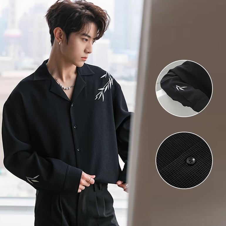 BIG PROMO kemeja korean style pria kemeja kasual pria baju kemeja cowok V Neck kemeja lengan panjang