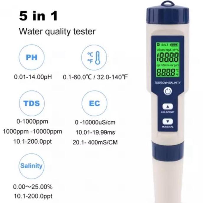 EZ-9909 5 In 1 Alat Ukur Uji Kualitas Air PH TDS Salinity EC Suhu Salinity TDS EC Temperature PH Met